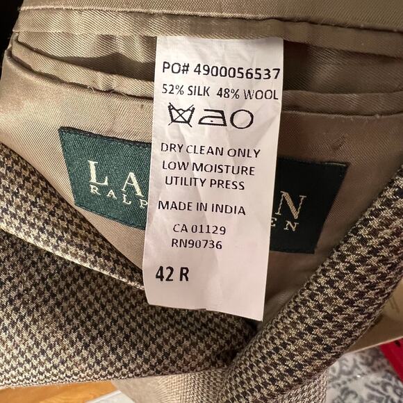 Lauren Ralph Lauren Houndstooth Silk Wool Blazer Brown Lined 2 Button Jacket 42R - Picture 10 of 12